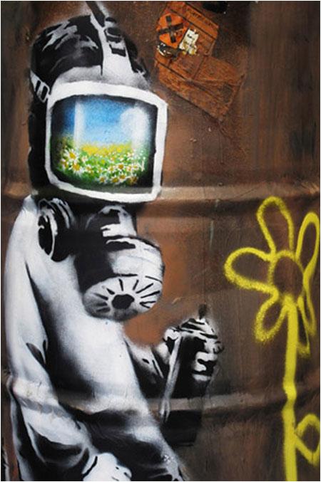 Banksy Sunflower Field Gas Mask Graffiti - London