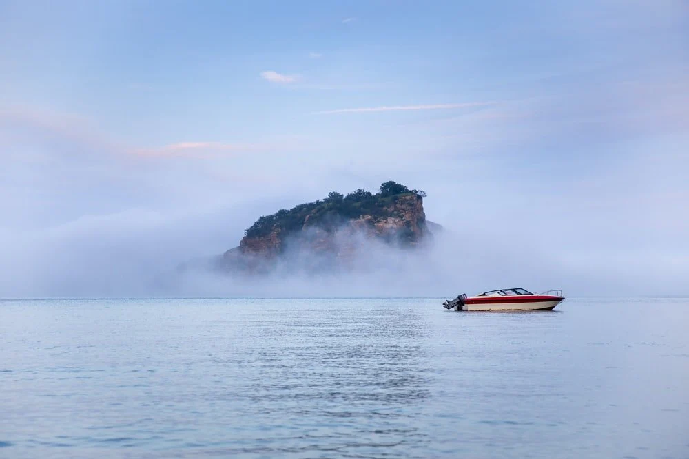 Paint By Numbers | Dalian - Red And White Boat On Sea Near Green And Brown Island Under Blue Sky During Daytime