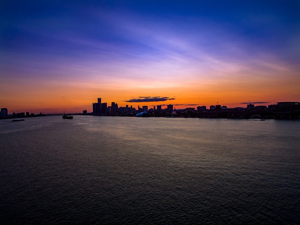 Paint By Numbers | Detroit - Silhouette Of City Buildings And Boat Above Water At Golden Hour