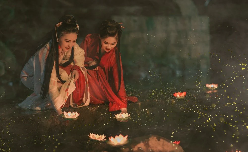 Paint By Numbers | Hangzhou - Two Women Wearing White And Red Traditional Dress Holding Flowers