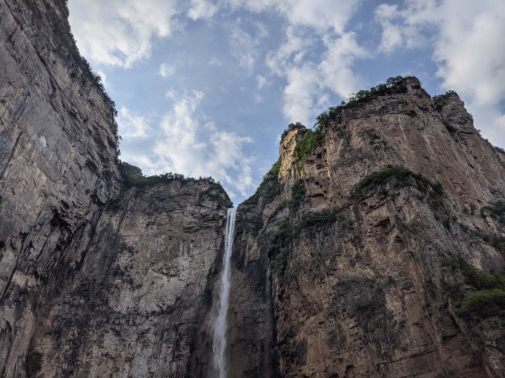 Paint By Numbers | Jiaozuo - Waterfalls On Brown Rocky Mountain Under White Clouds During Daytime