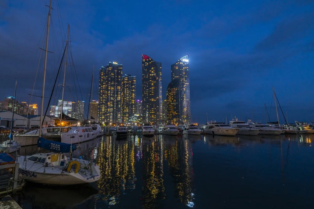 Paint By Numbers | Busan - White Boat On Body Of Water Near City Buildings During Night Time